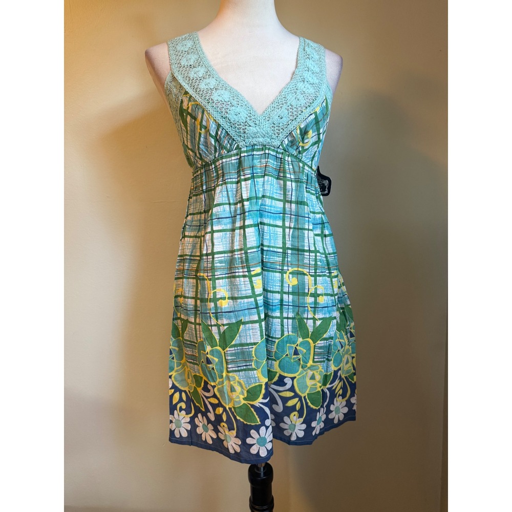 Angie Green Floral Crochet cottage  boho y2k whimsi Cotton Dress Small‎ NWT blue